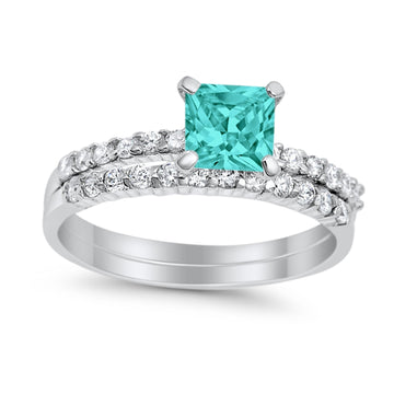 Wedding Ring Bridal Princess Cut Simulated Paraiba Tourmaline CZ 925 Sterling Silver